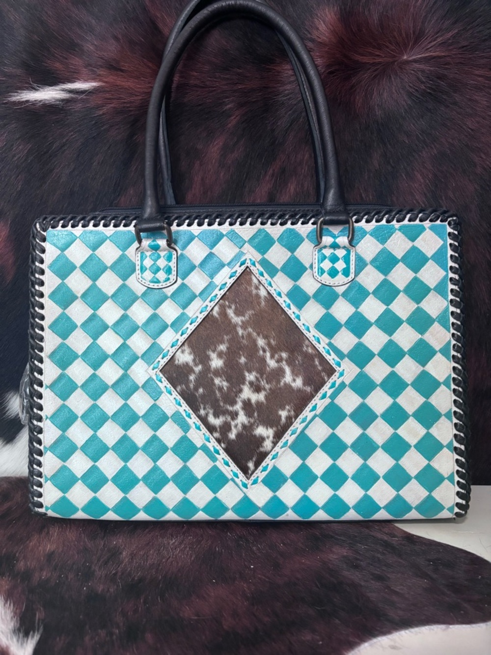 Turquoise Checkered Tote Bag with Hair on Hide